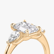 Emerald Cut - Plain Band - Three Stone Ring - 0.25 Ct Side Stone each - 14 K Gold